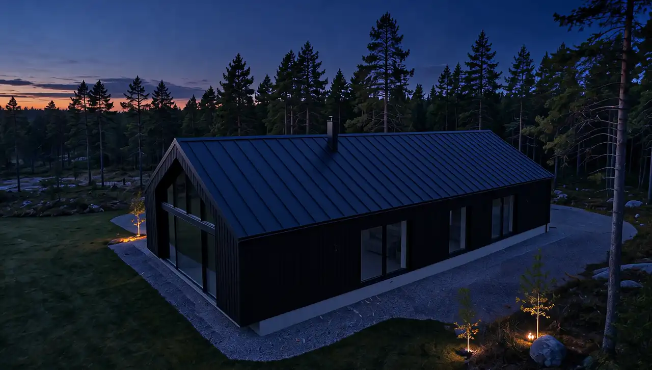 Svart fasad och plåttak monteras