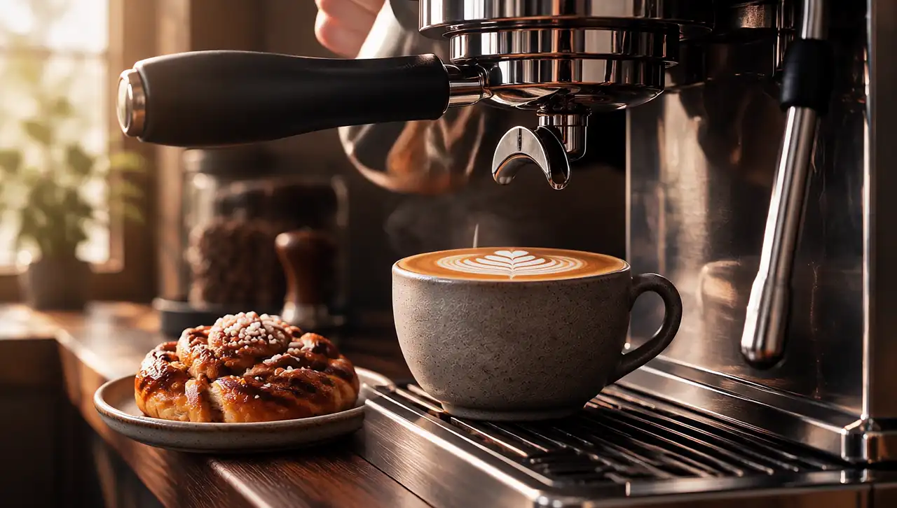 Latte med latte art bredvid en kanelbulle